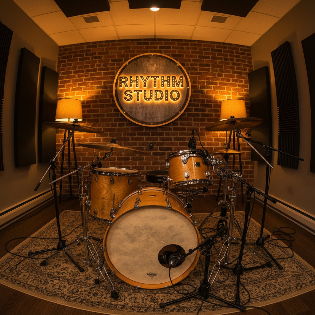 Full maple drum kit in the Rhythm studio, warm amber lighting, microphones set up