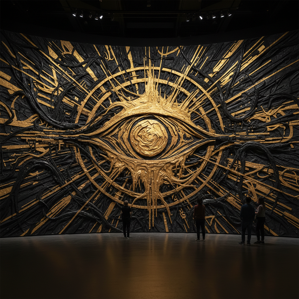 Striking circular abstract in deep gold and black — large-scale collector piece