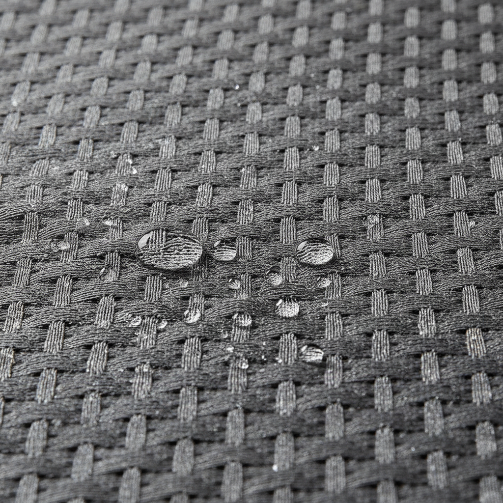 Waterjet loom machinery weaving synthetic fabric, water mist visible, industrial factory setting dark background