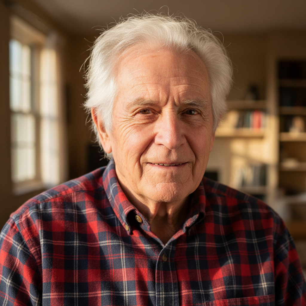 Harold, an 83-year-old man with white hair and kind eyes, wearing a plaid shirt, photographed outdoors with gentle afternoon light