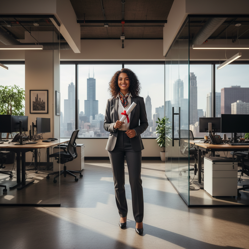 Professional woman holding certificate with proud expression in bright modern setting