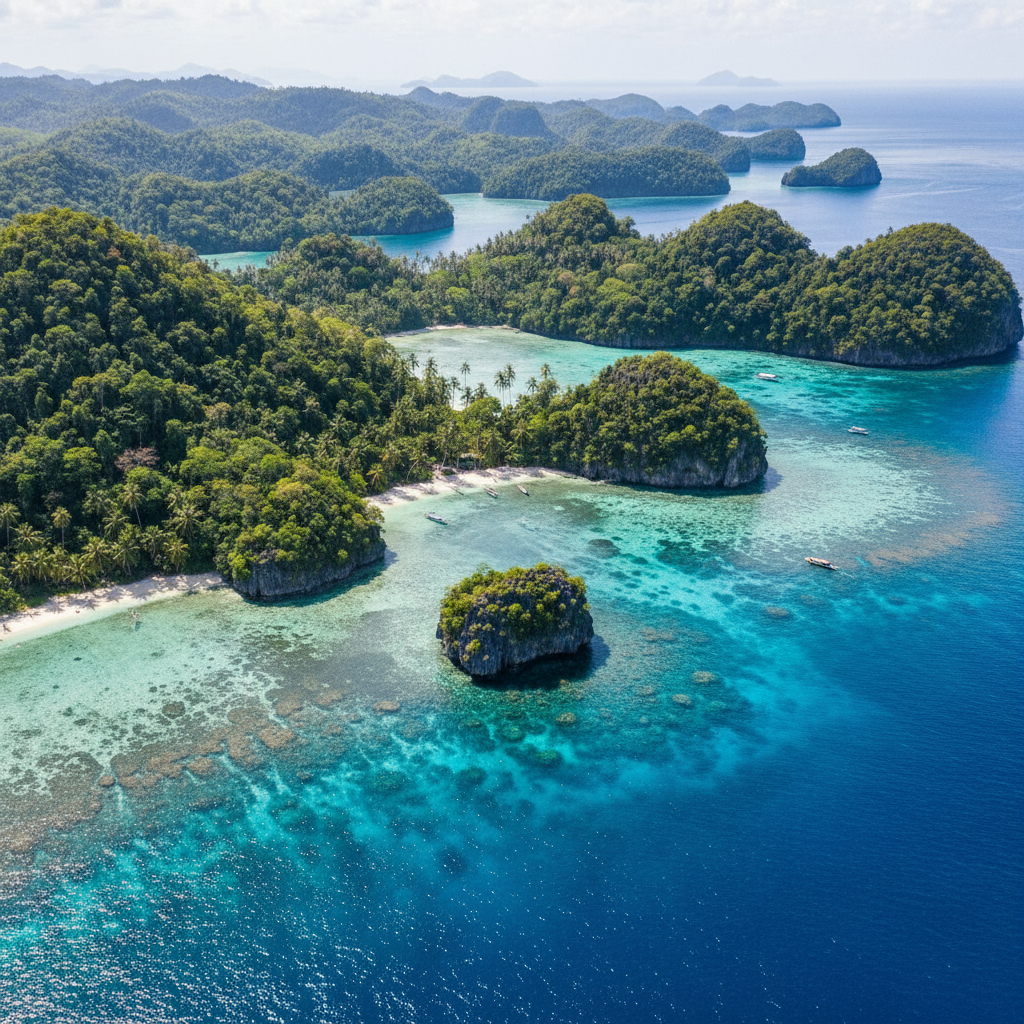 Aerial view of Solomon Islands lagoon with brilliant turquoise water, scattered tropical islands with dense green jungle, calm sea, remote Pacific location