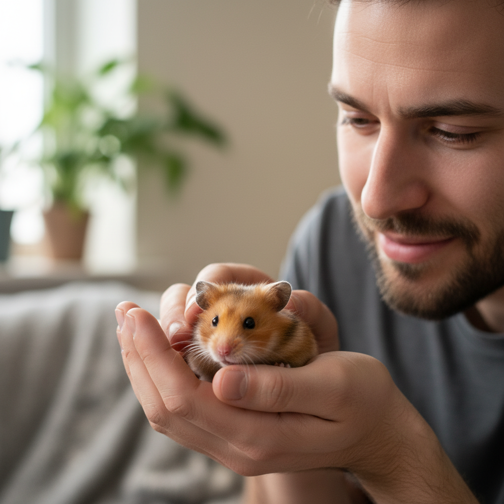 Sam Okafor gently holding a small hamster, small animal specialist at Nibble