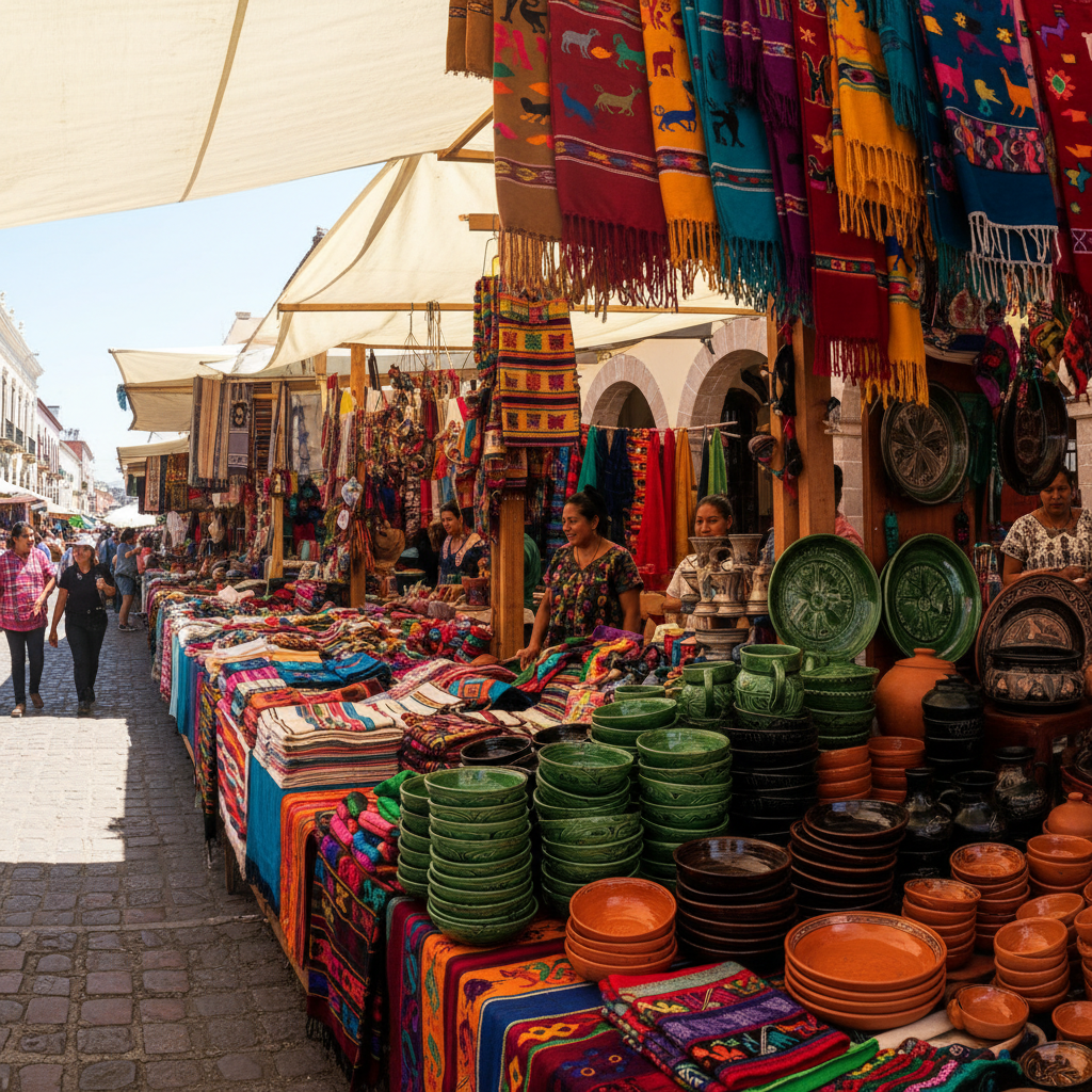Colorful street in Oaxaca Mexico with morning light casting long shadows