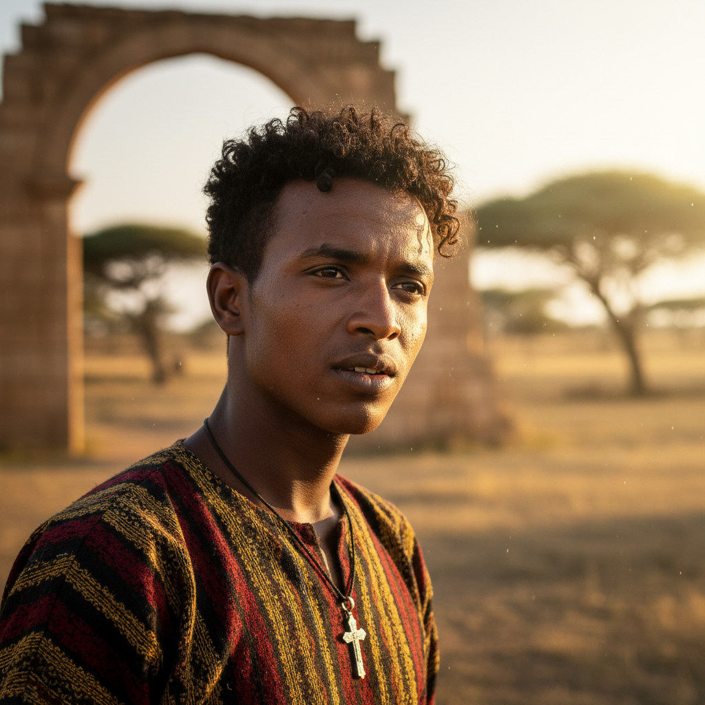 Dawit, an Eritrean young man in his early twenties, photographed outdoors with natural light and a focused expression
