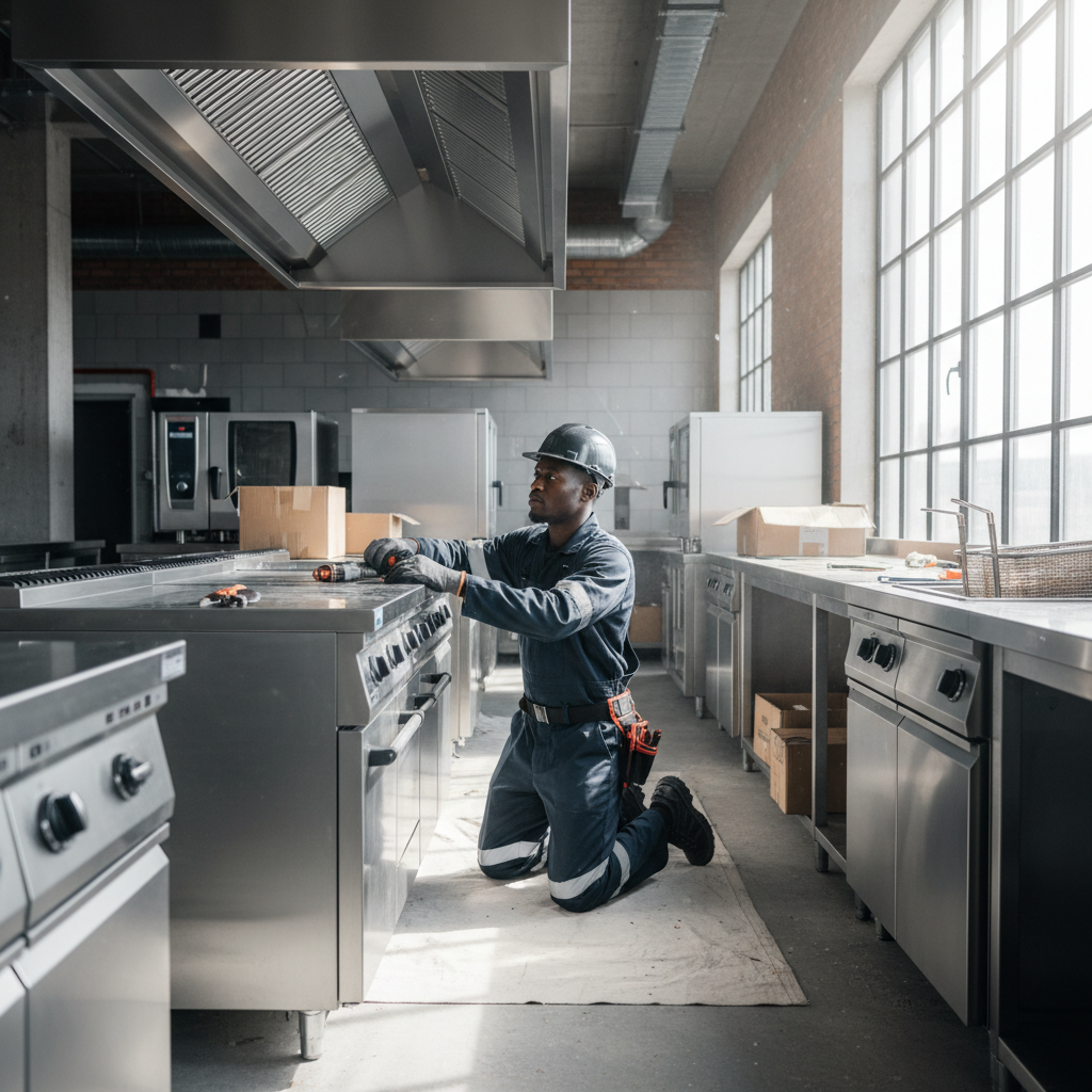 Technicien africain installant des équipements de cuisine professionnelle à Abidjan