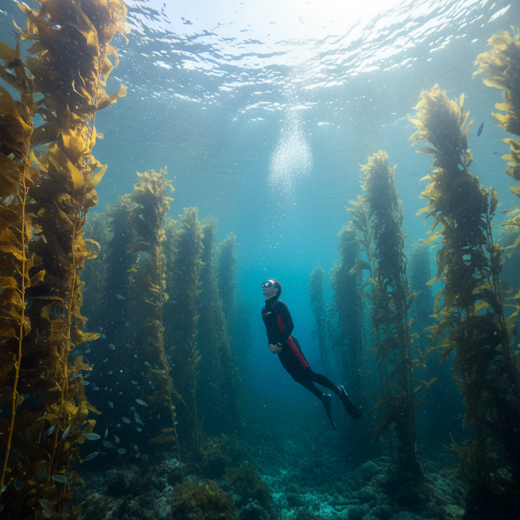 Freediver underwater near kelp forest, looking upward toward light filtering through the water