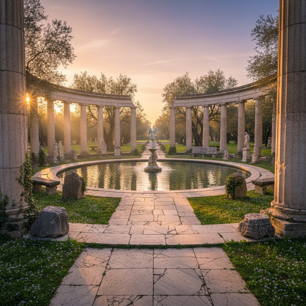 Late afternoon light filtering through stone columns in a memorial garden, warm amber glow on ancient marble