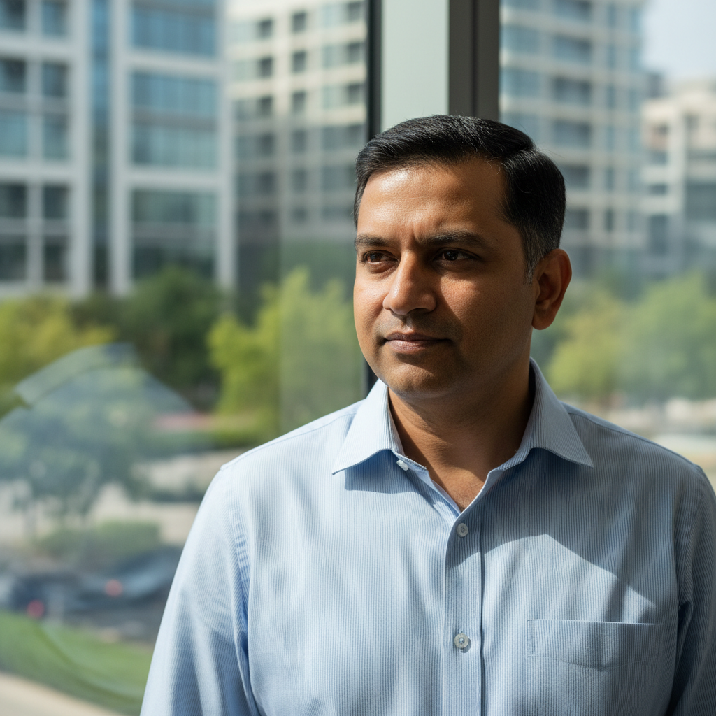 Middle-aged Indian man with short hair in casual setting