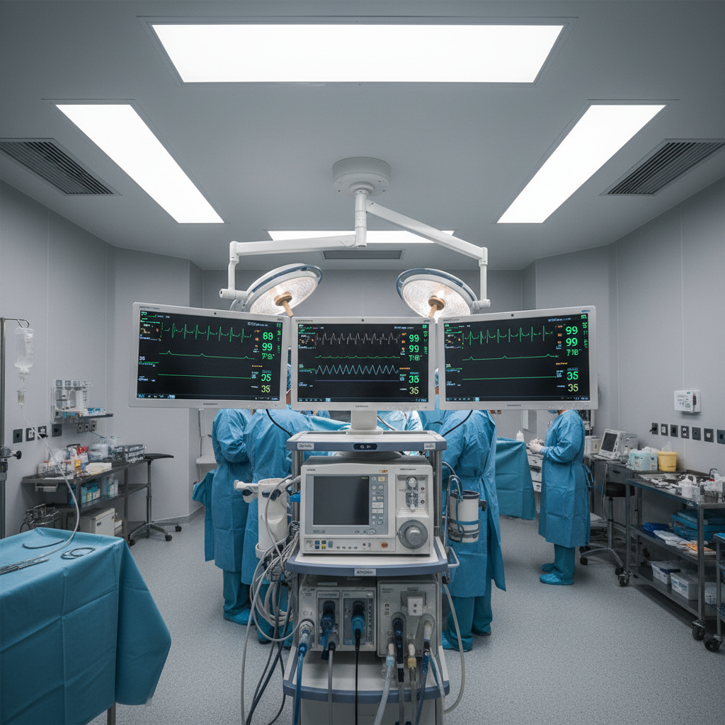 Operating room with anesthesia workstation, monitors showing green vital signs, calm lighting