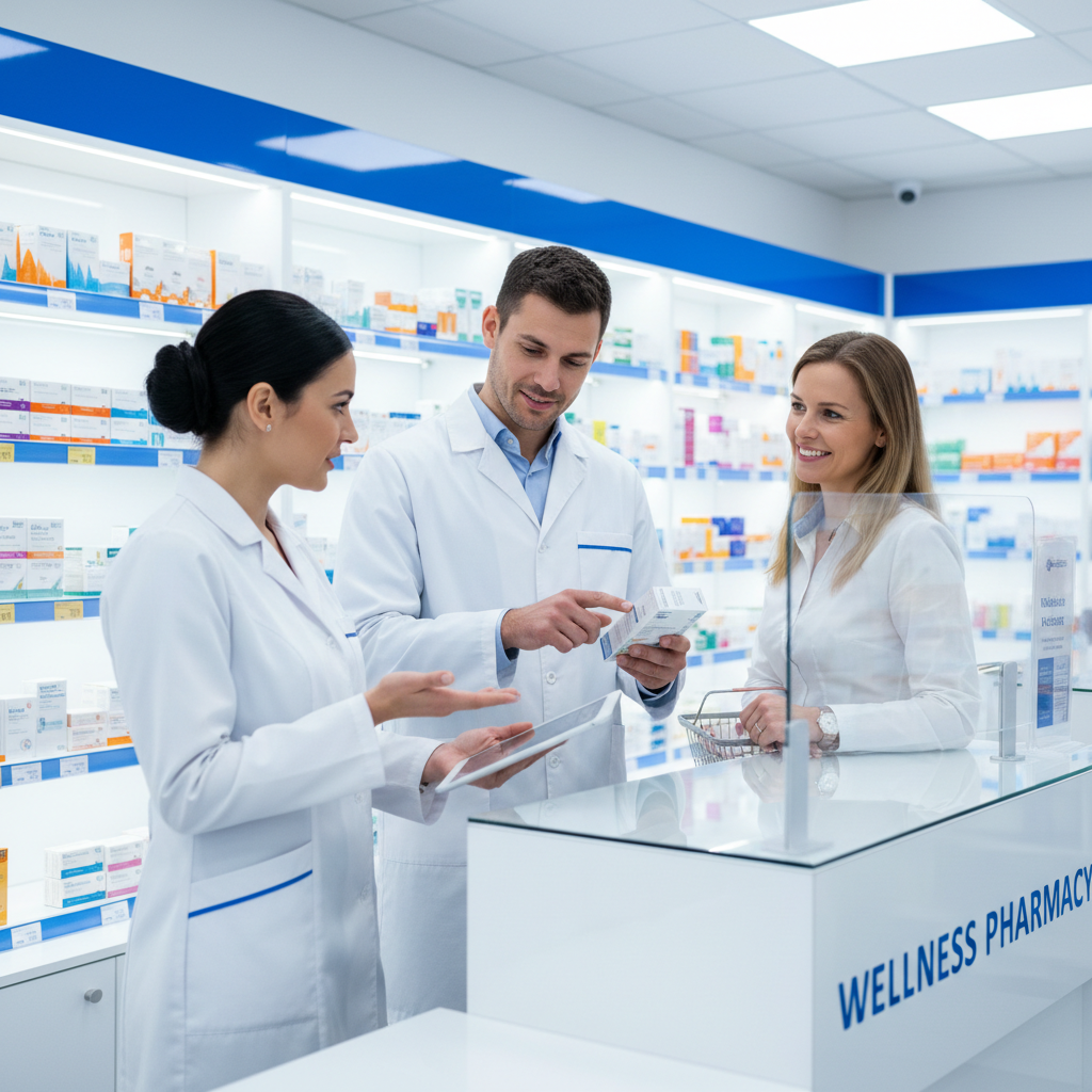 Friendly pharmacist in white coat smiling and assisting a customer across a bright, well-organized pharmacy counter