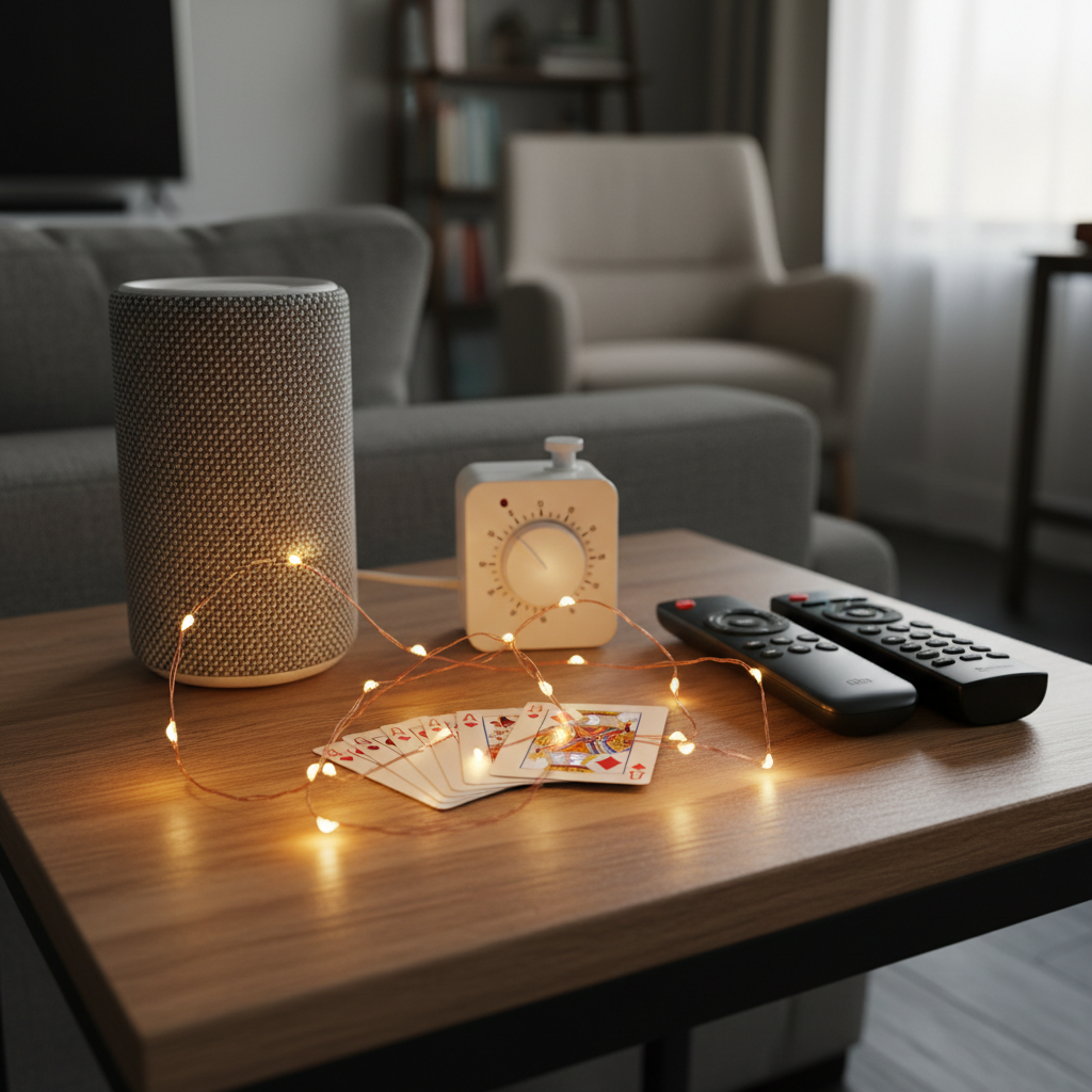 Standard deck with string lights on manual timer, standalone Bluetooth speaker, and multiple remotes on side table