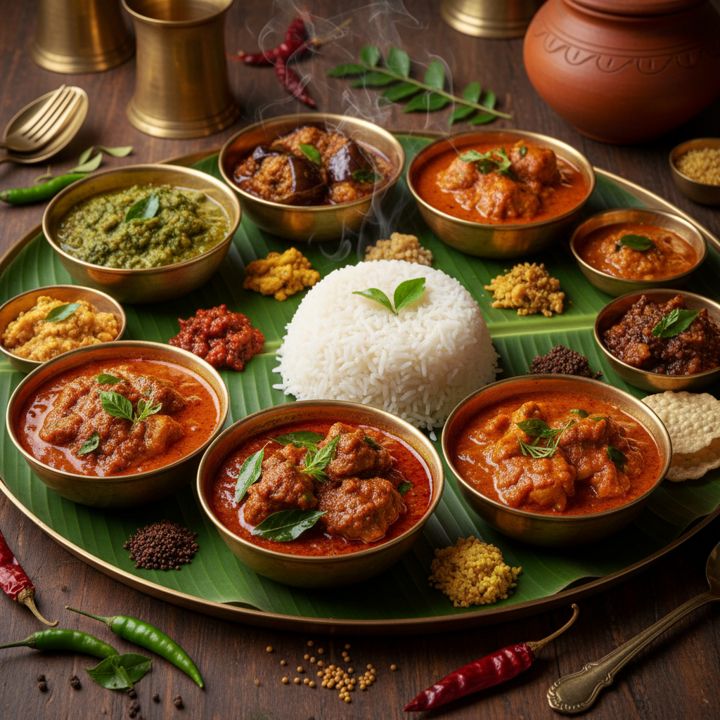 Colourful Indian thali meal with rice, dal, curries and rotis on a banana leaf, bright food photography, warm tones