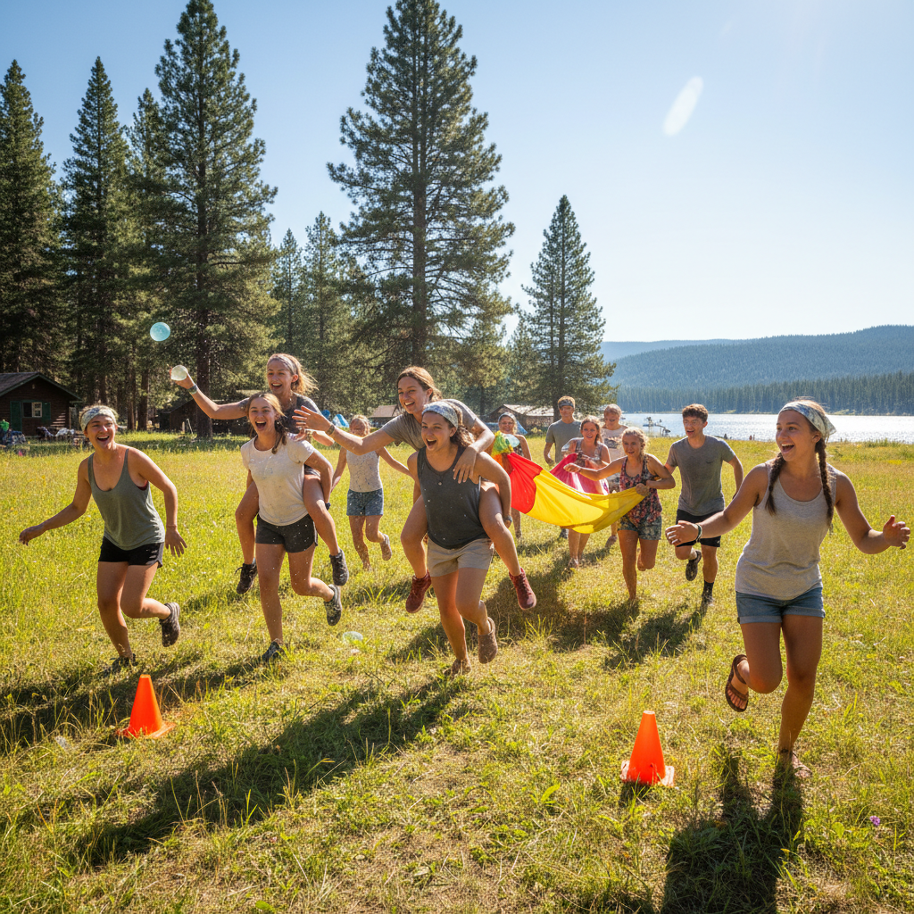 Joyful children laughing and playing together at a church summer camp outdoor activity in bright sunshine