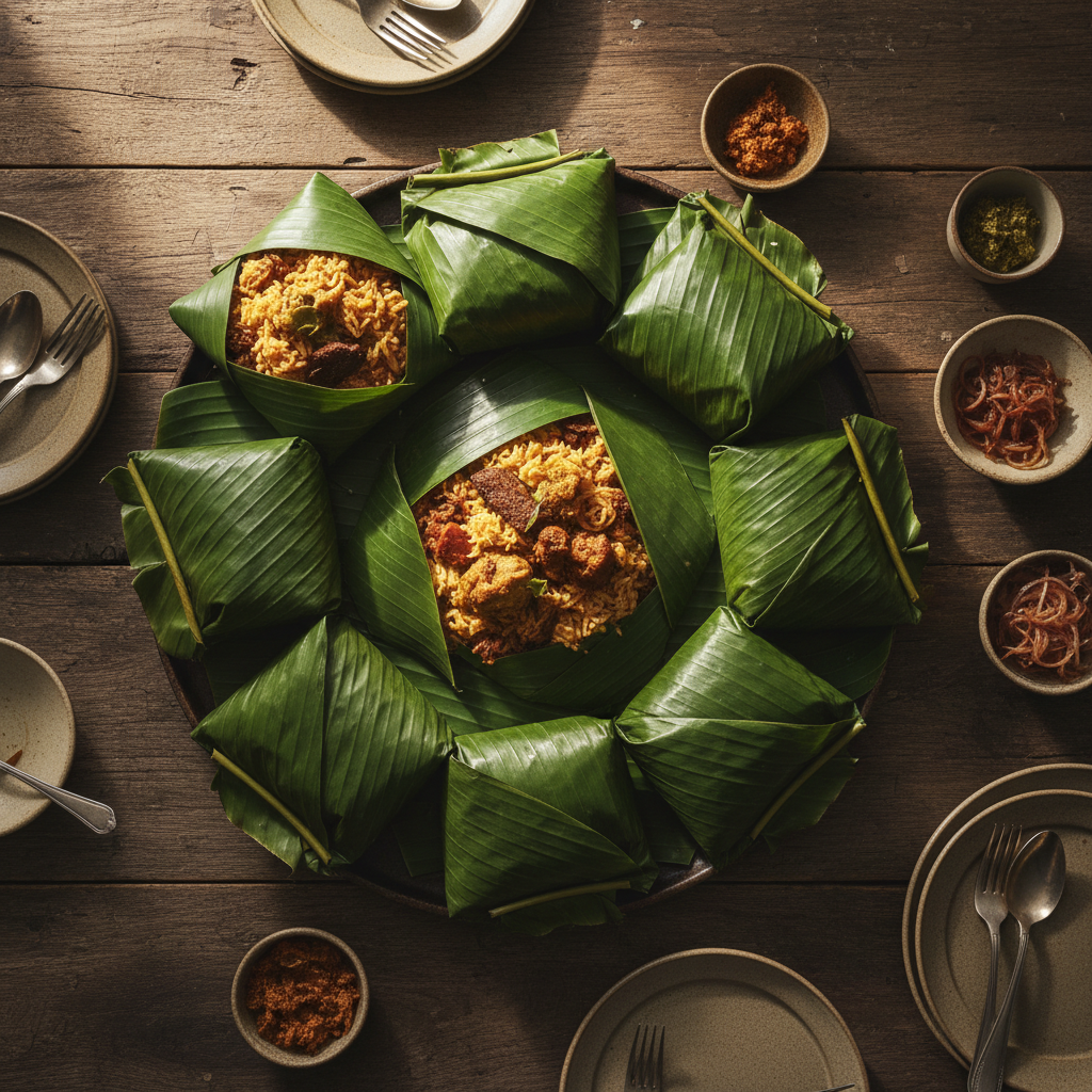 Multiple banana leaf lamprais parcels on wooden table ready to be opened by diners