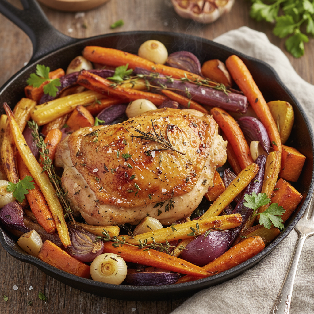 Warm overhead photograph of herb-roasted chicken thigh with colorful roasted root vegetables
