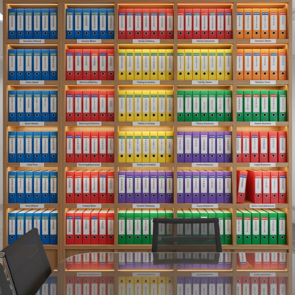 Wall of franchise standard operating procedures binders organized by category in a franchise support center