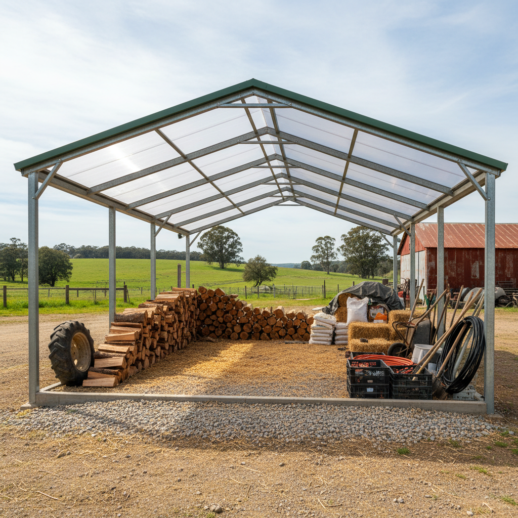 Firewood and farm supplies stored dry under an open-sided steel carport structure