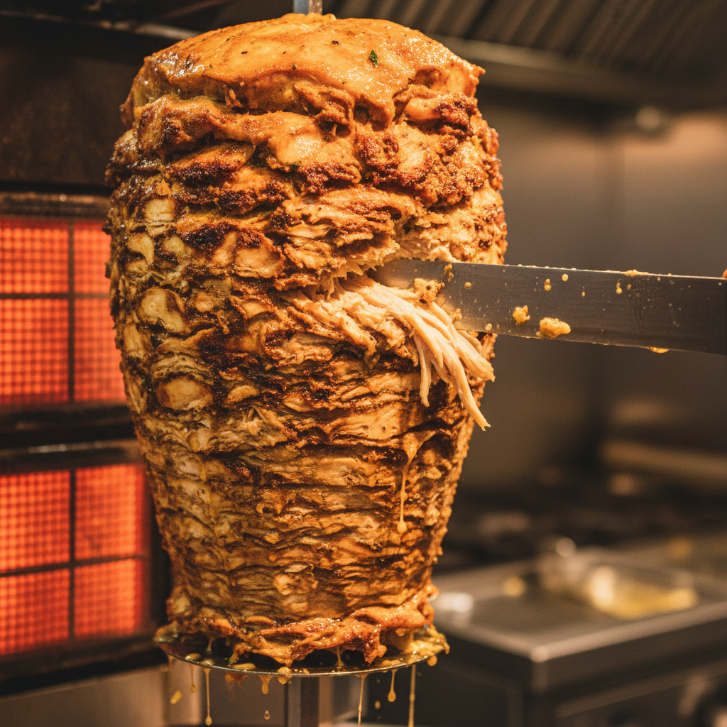 Shawarma being carved from rotisserie spit, warm kitchen light, rich golden brown meat, steam rising