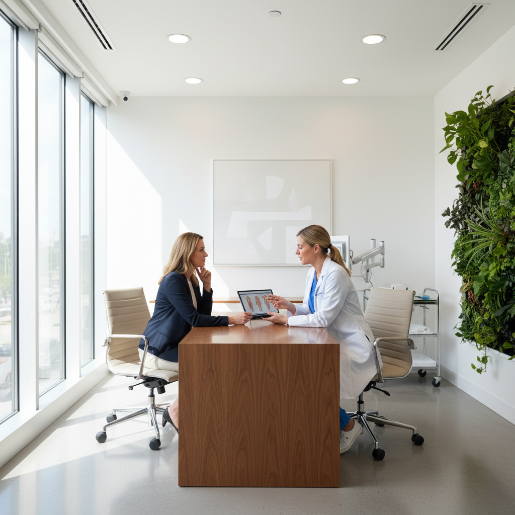 Healthcare professional composing a patient email newsletter on a laptop in a bright medical office