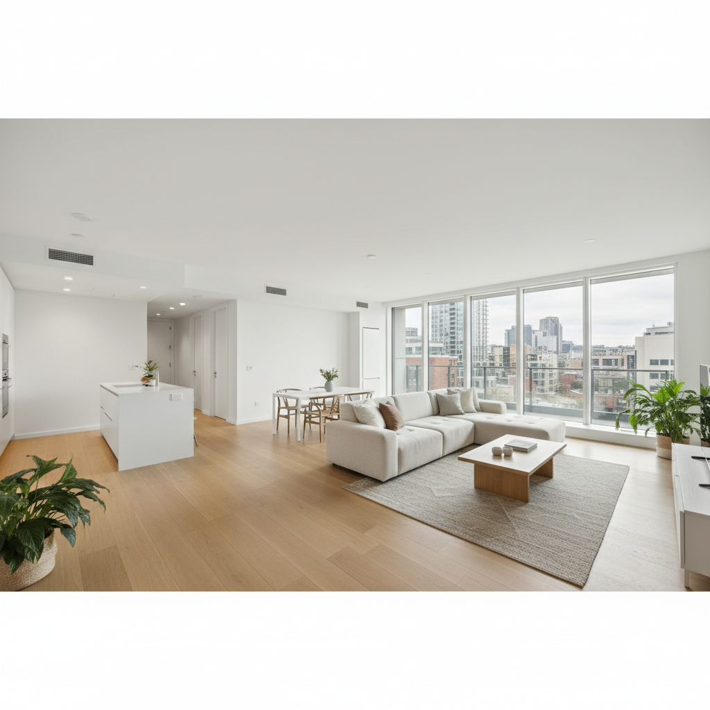 Modern two bedroom apartment with white walls and wooden floors in Kampala