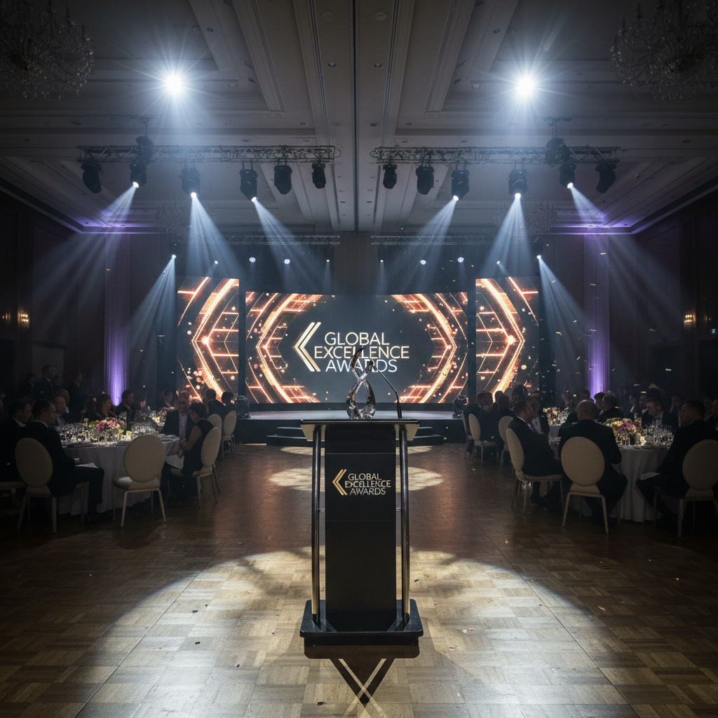 Corporate awards ceremony with elegant stage lighting, well-dressed guests at gala dinner