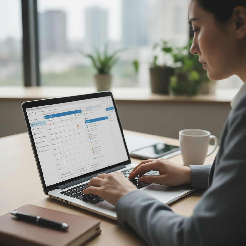 Executive assistant managing calendar and emails on laptop
