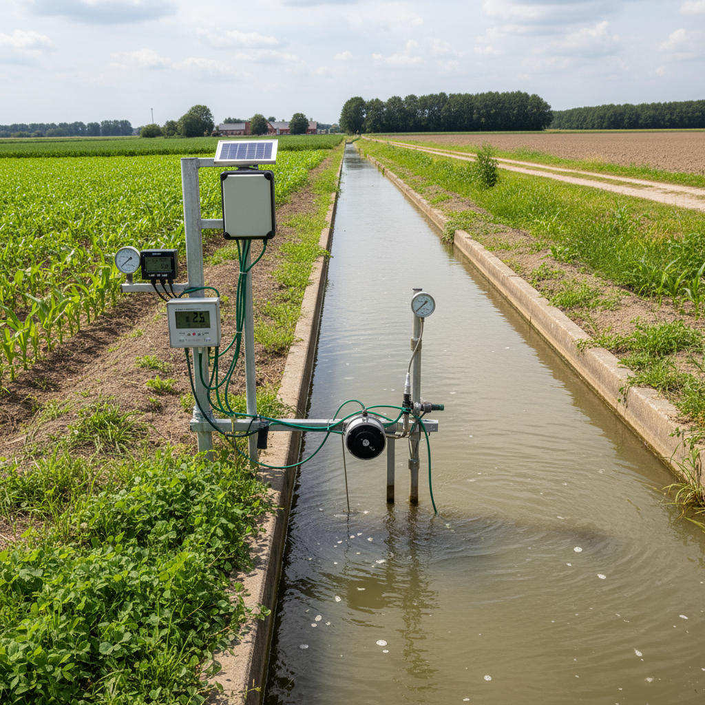 Water monitoring equipment installed in agricultural drainage ditch surrounded by green fields — watershed research station