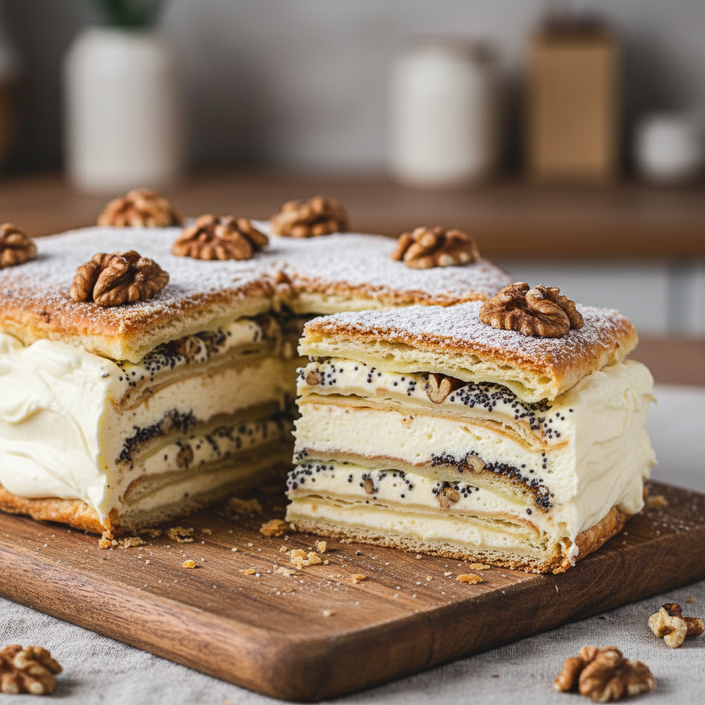 Layered pastry cake with poppy seeds, walnuts, and cream filling sliced to show cross-section