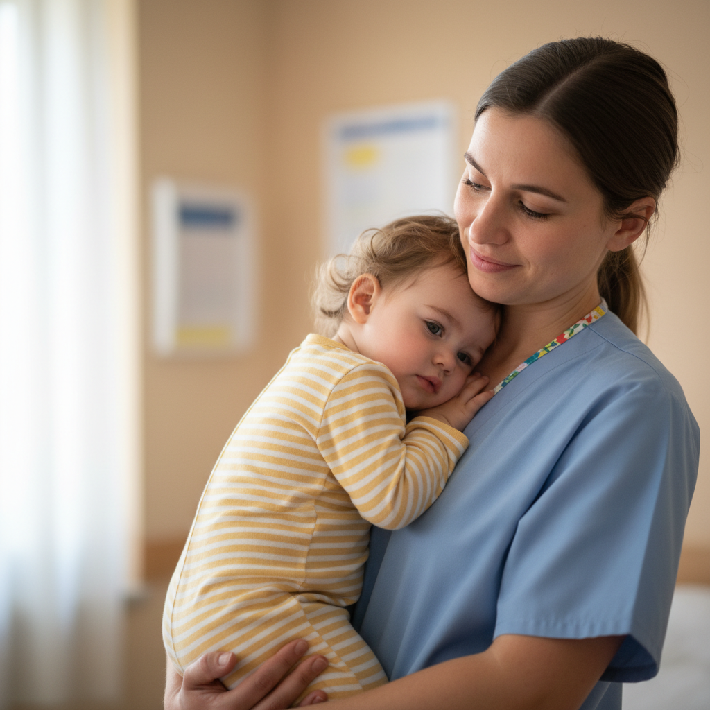 Healthcare worker holding young child at home still in scrubs