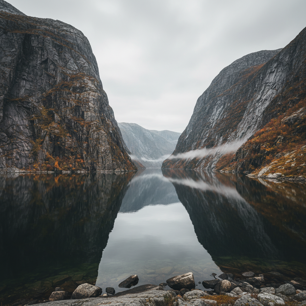 Deep Fiordland fjord with sheer cliff walls reflected in still dark water under cloudy sky