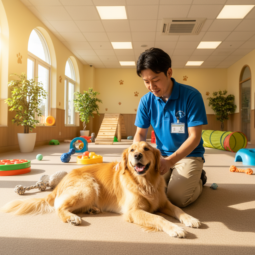 Happy golden retriever in luxury pet suite with natural lighting