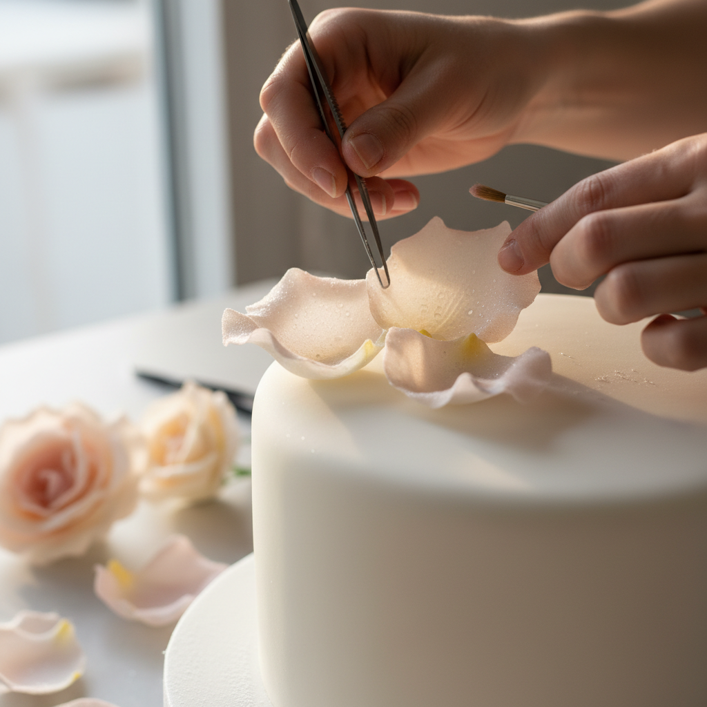Close-up of hand-sculpted sugar flowers on ivory wedding cake tier