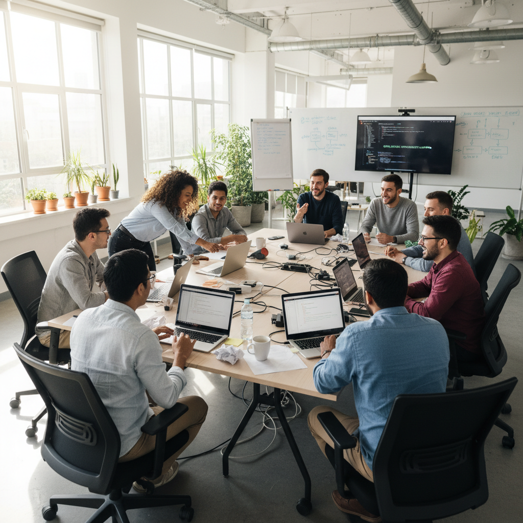 Diverse team of developers and designers collaborating around a table — bright modern office with laptops, whiteboards, and natural light