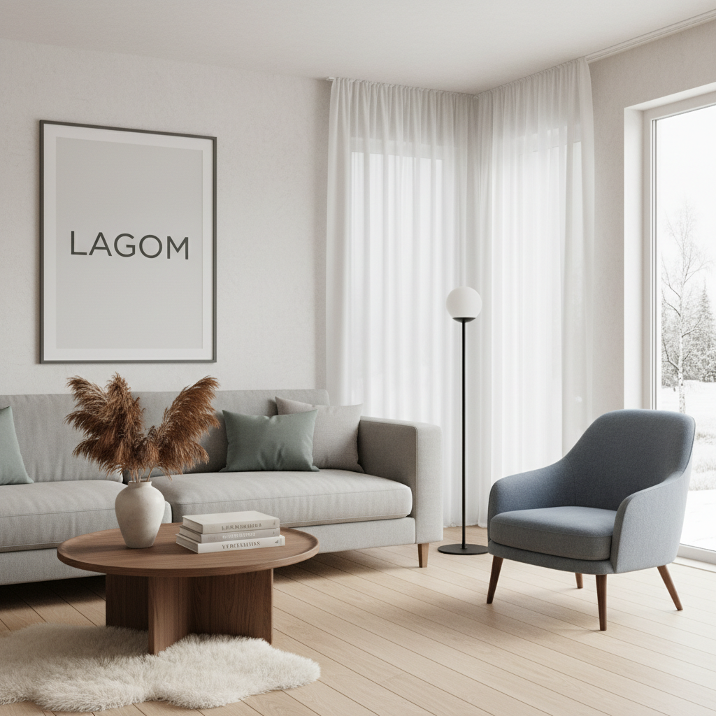 Modern home goods landing page displaying a minimalist sofa in a bright Scandinavian living room setting