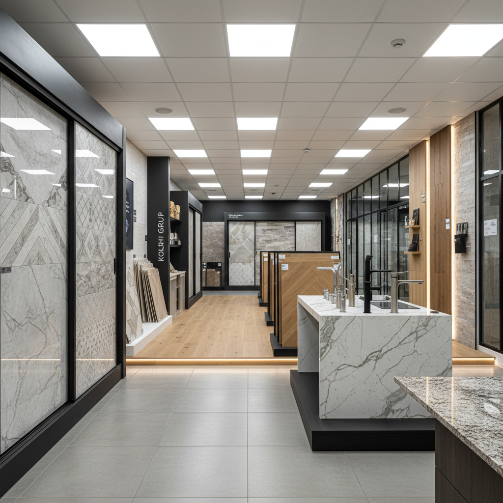 Kolkhi Group showroom interior displaying premium construction materials from European brands