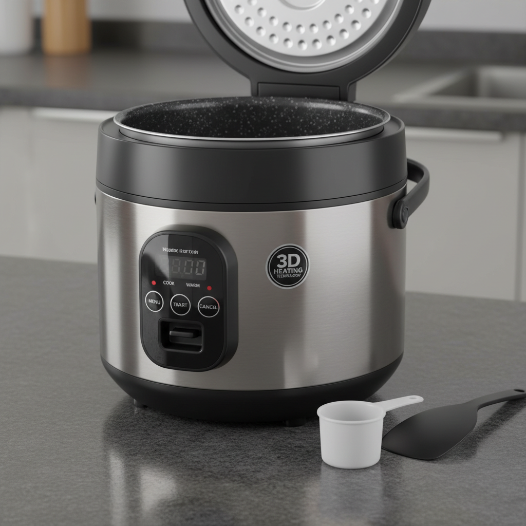 Rice cooker steaming in a small kitchen with a measuring cup and eggs on counter