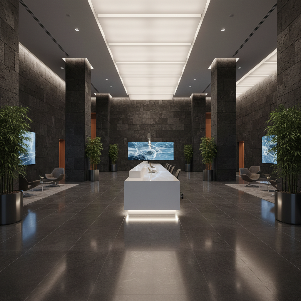 Professional office building entrance lobby with dark marble floors, elegant lighting, navy and gold tones, dim atmospheric interior