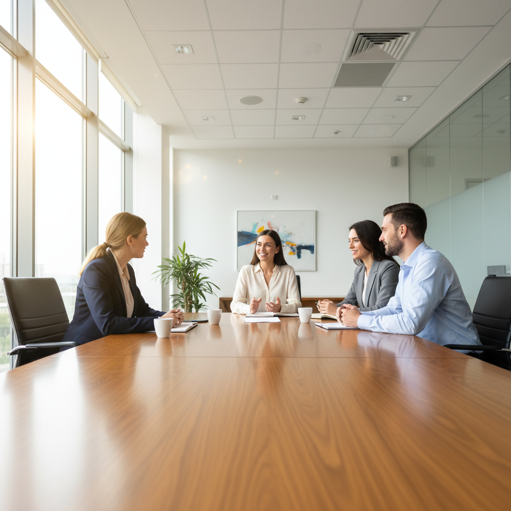 HR professional conducting interview in a dim atmospheric office with dark walls and shadows