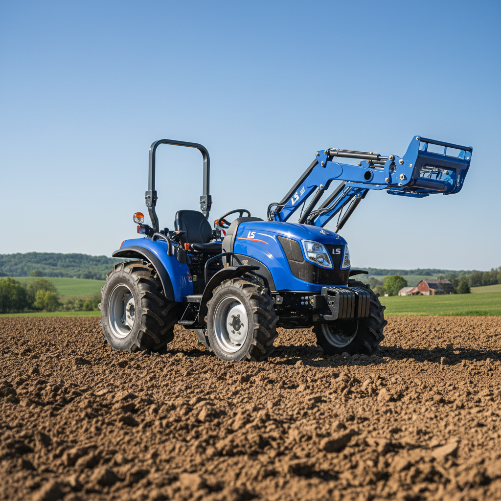 Compact 30HP tractor on a farm, overcast sky, green fields, rugged agricultural machinery