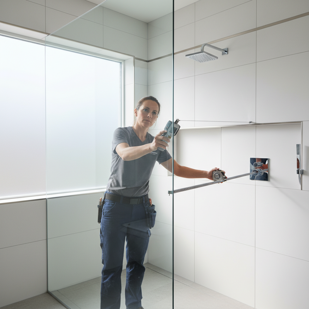 FrancoGlazing technician installing custom frameless glass shower door in bright modern bathroom, professional tools, precise work