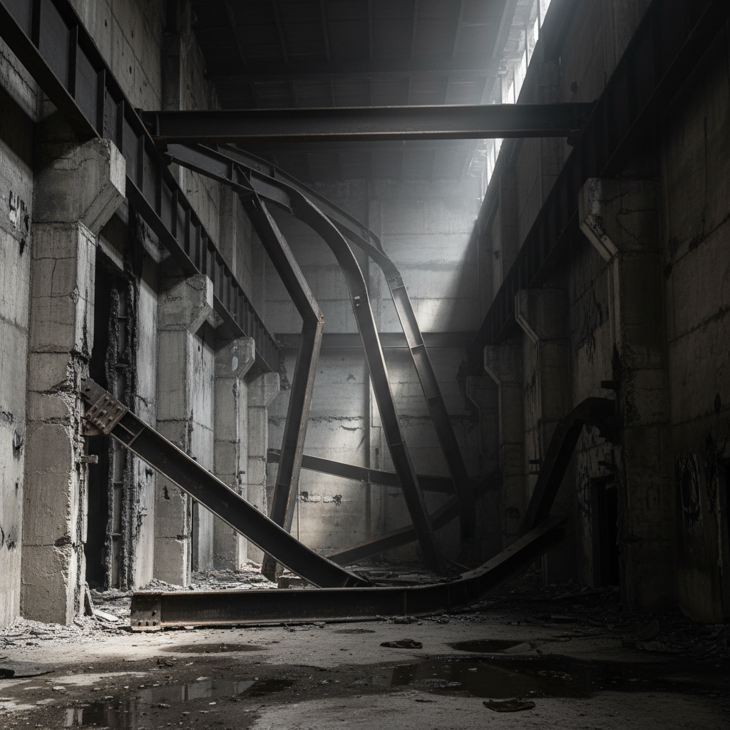 Fire-damaged steel structure with exposed beam connections and char marks visible on concrete walls