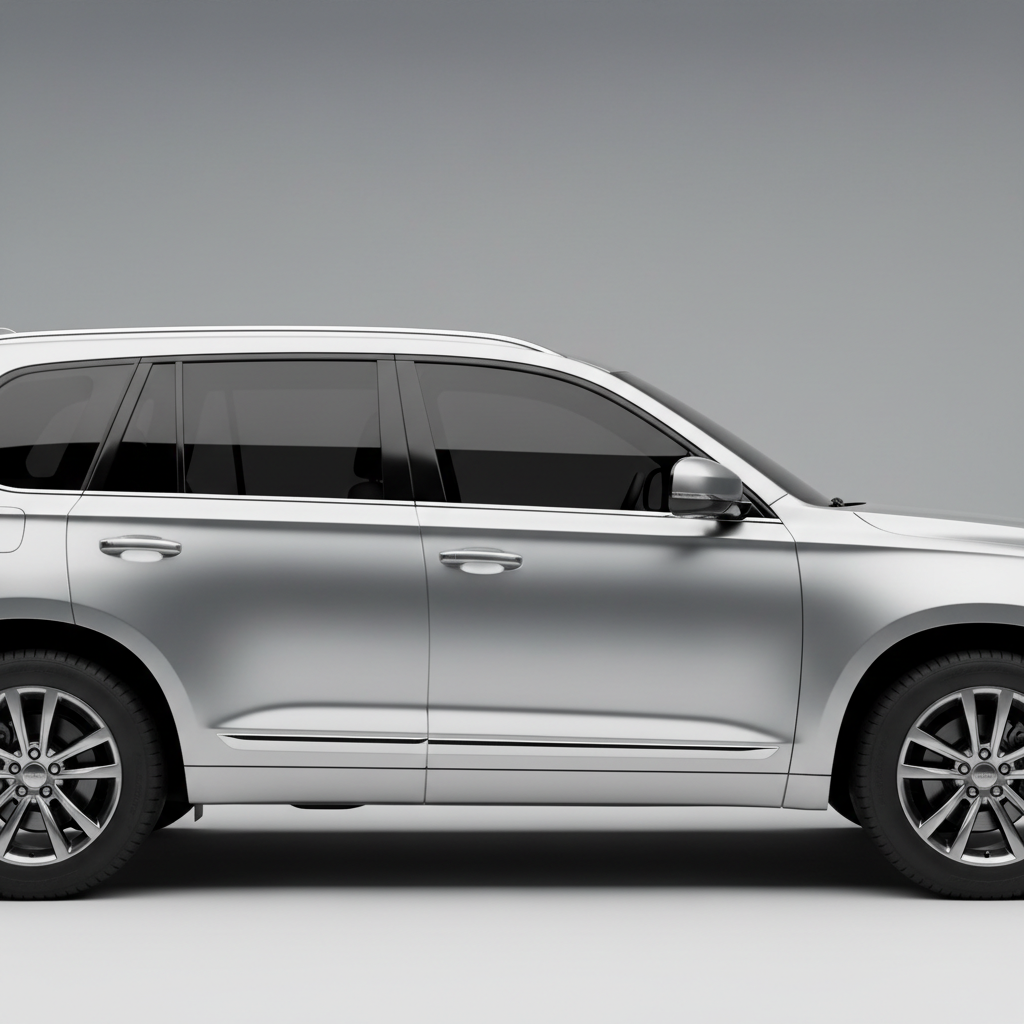 Silver SUV with 35% tint, side profile shot emphasizing glass-to-chrome contrast, clean professional installation