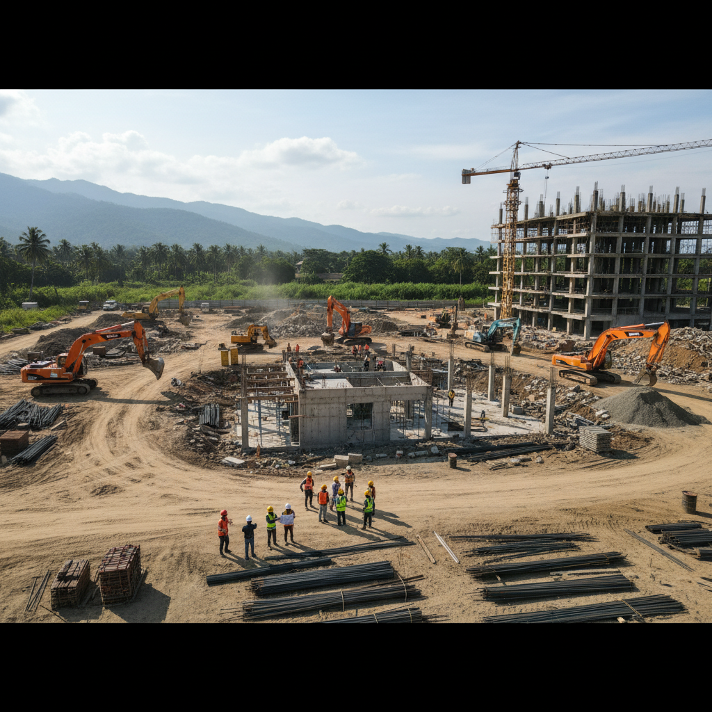 Active commercial construction site showing professional construction operations, workers and equipment on Texas job site