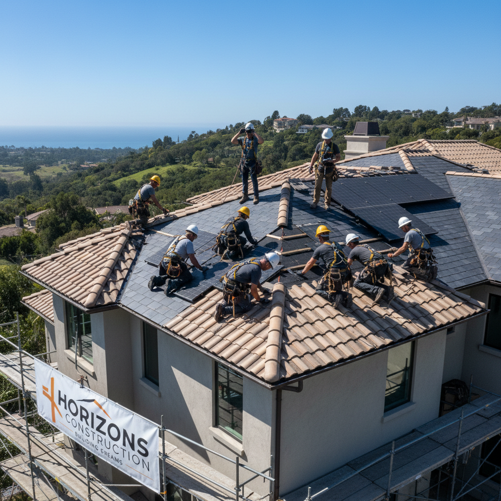 Horizons Construction crew performing professional roofing work on a luxury home, safety equipment, clear blue California sky, precise workmanship