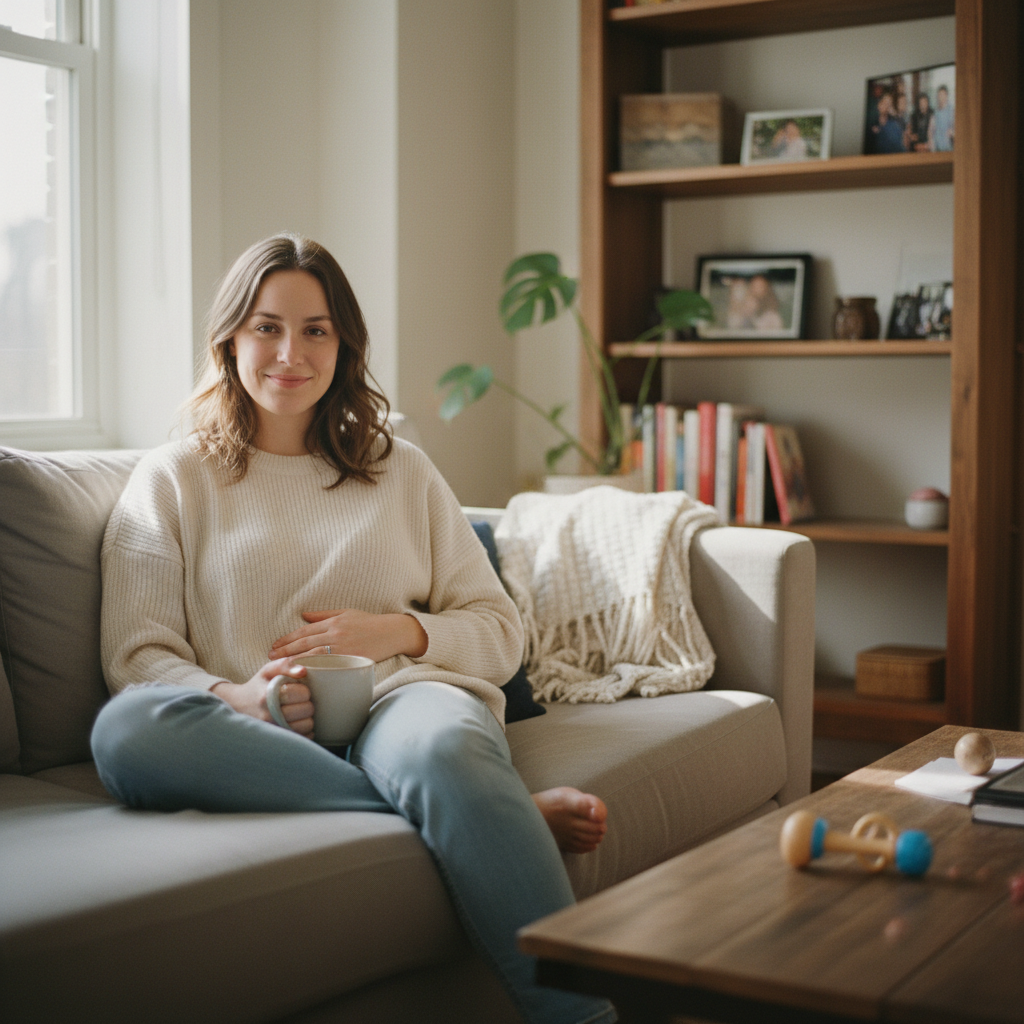 Priya Mehta, new parent in Brooklyn, relaxed smile at home