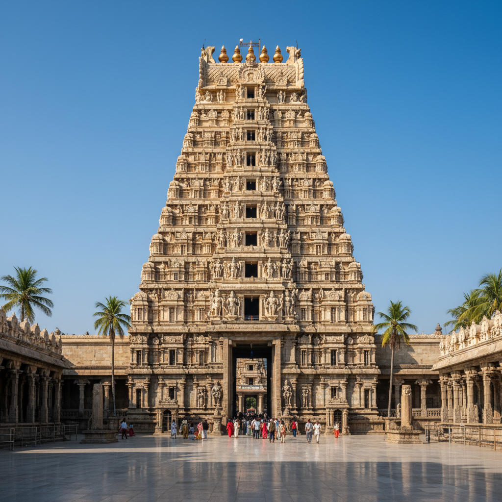 Ramanathaswamy temple in Rameswaram, ornate gopuram, devotees, golden evening light