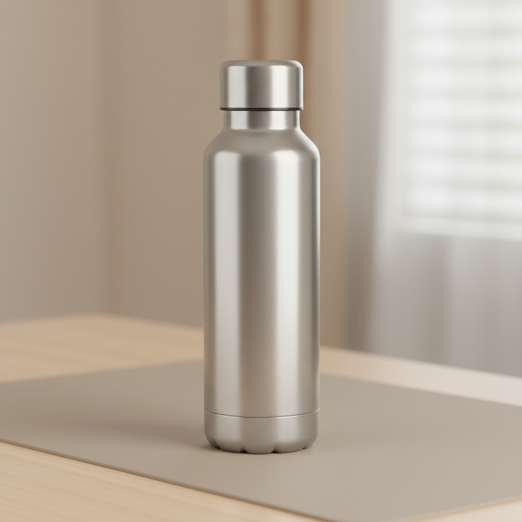 Plain silver stainless steel water bottle on a beige desk โ generic, logo-less, overpriced