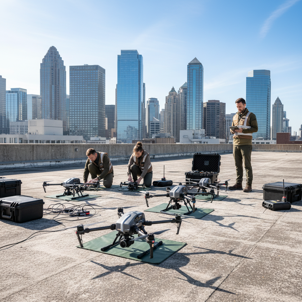 Drone operator team on rooftop preparing multiple drones for commercial flight mission