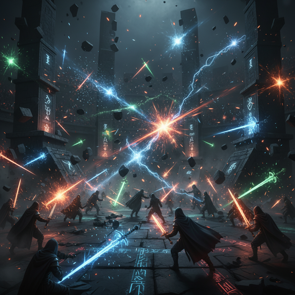 Cursed spirit battle with intense dark energy and glowing effects in underground arena